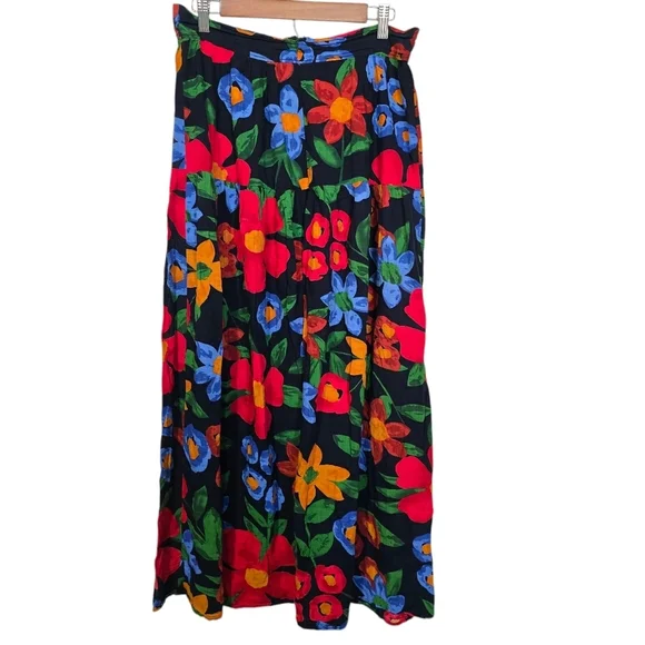 Vintage Navy Blue Floral Maxi Skirt High Waist Cottagecore Boho Tiered Red Blue - Picture 2 of 7